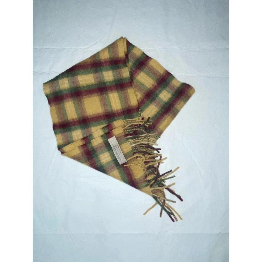 Lochcarron Of Scotland 100% Cashmere Scarf Olive Green Tan Plaid Fringe